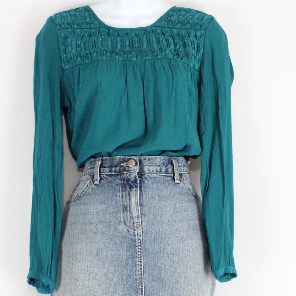 Meadow Rue Women's Teal Swiss Dot Smocked Yoke Long Sleeve Blouse